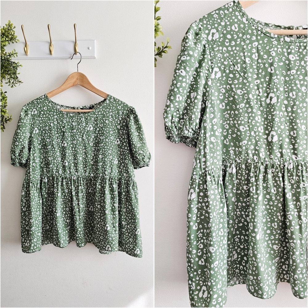 Women's Olive Green All Over Print Round Neck Boho Short Sleeve Blouse Size XL